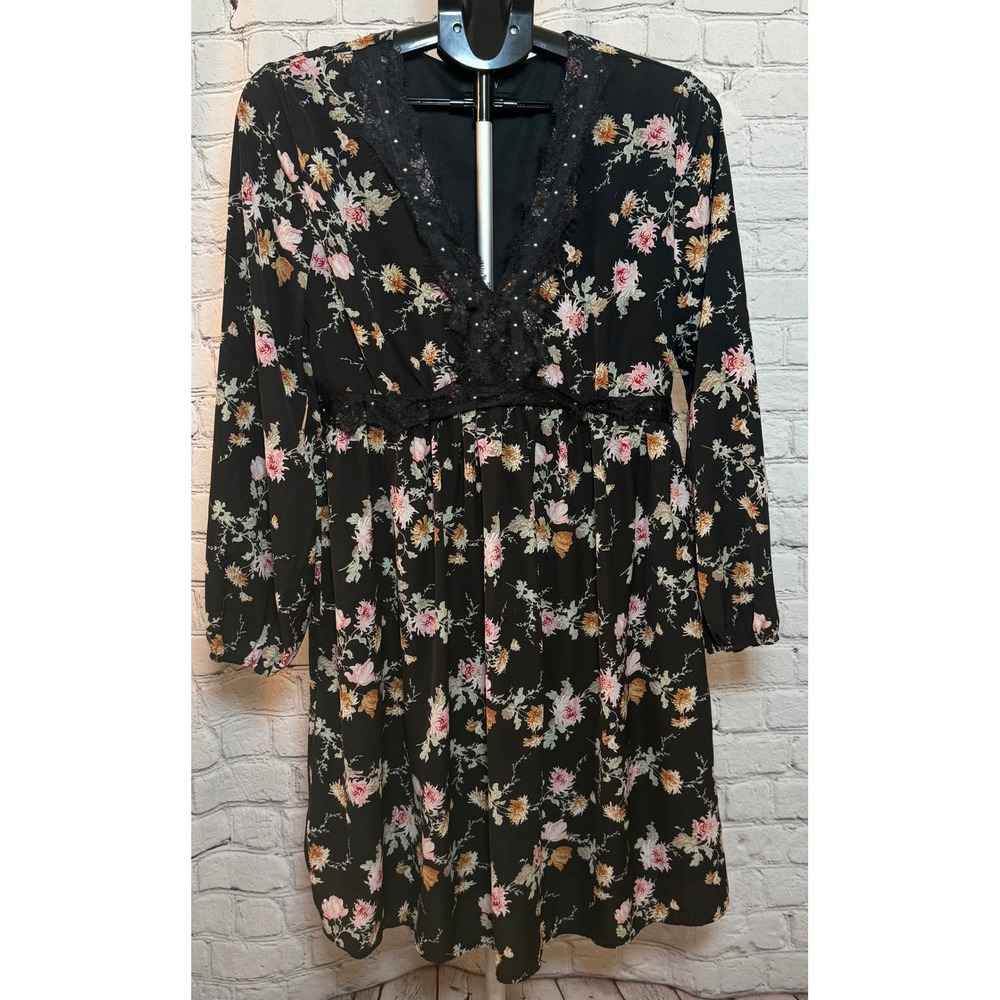LNV Floral‎ Lace Trim Beaded V-Neck Long Sleeve Mini Dress Black Pink Medium